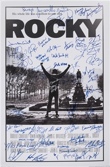 Boxing Hall of Famers & Champions Multi Signed 24x36 Rocky Poster with 46 Signatures Including Shavers, LaMotta & Hagler (JSA)